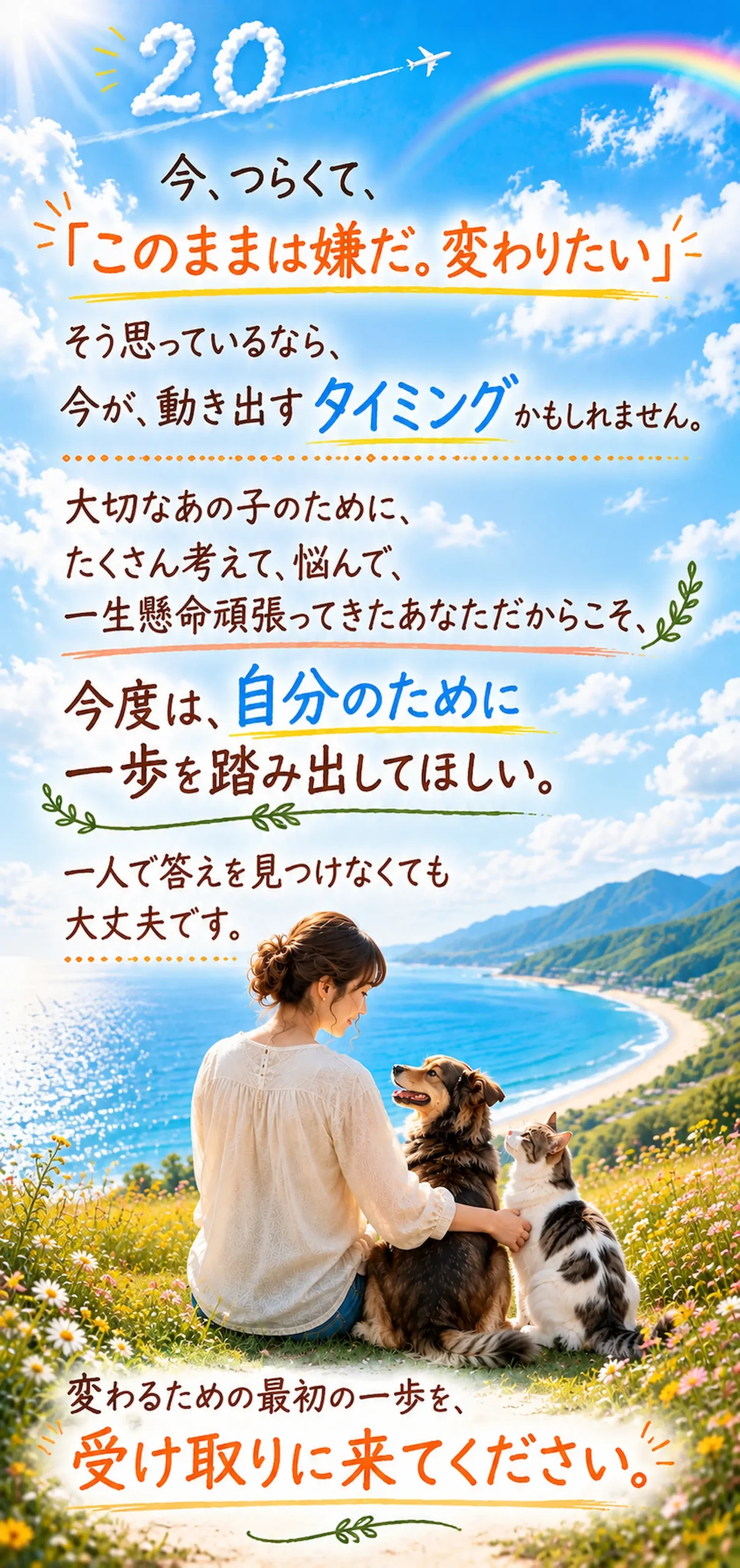 今、つらくて、「このままは嫌だ。変わりたい」そう思っているなら、今が、動き出すタイミングかもしれません。大切なあの子のために、たくさん考えて、悩んで、一生懸命頑張ってきたあなただからこそ、今度は、自分のために一歩を踏み出してほしい。一人で答えを見つけなくても大丈夫です。変わるための最初の一歩を、受け取りに来てください。