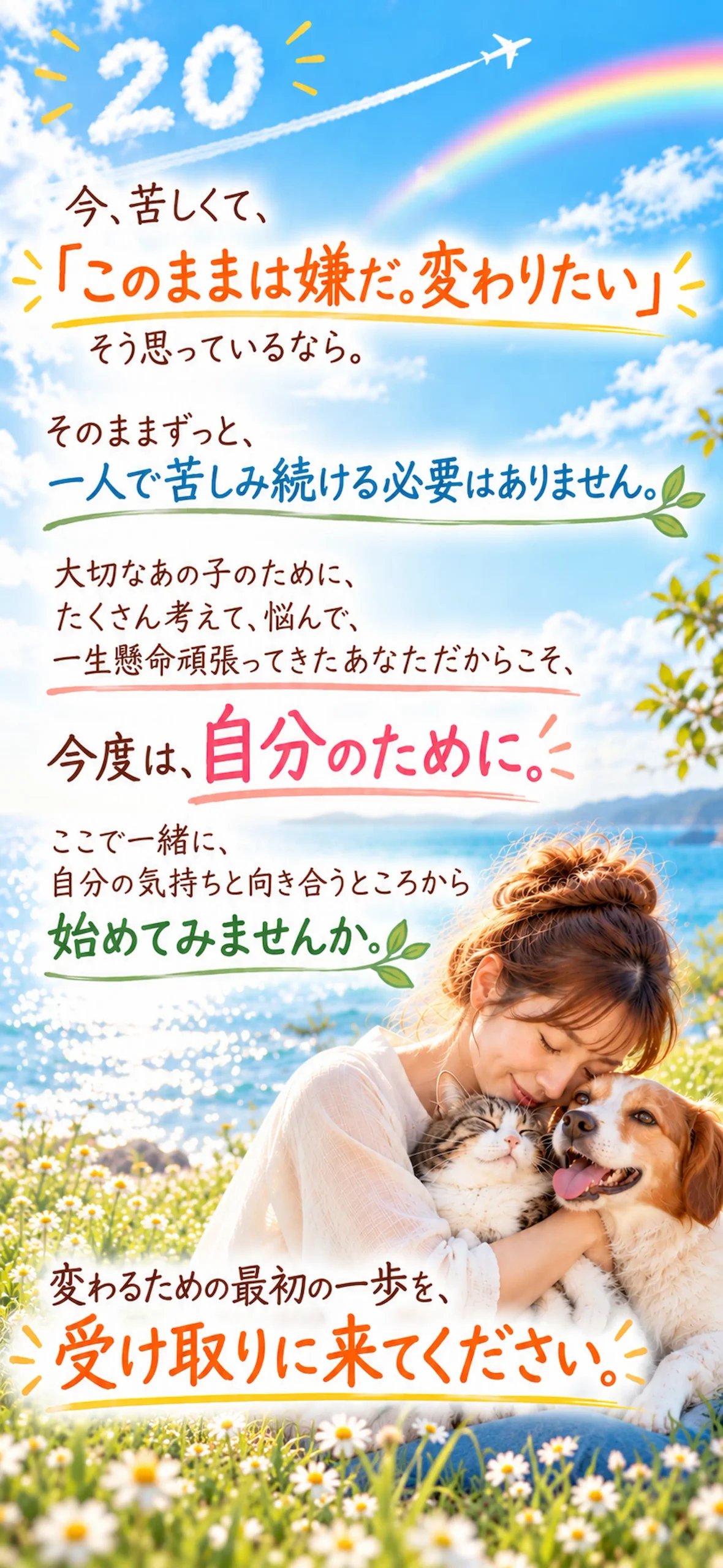 今、苦しくて、「このままは嫌だ。変わりたい」そう思っているなら、そのままずっと、一人で苦しみ続ける必要はありません。大切なあの子のために、たくさん考えて、悩んで、一生懸命頑張ってきたあなただからこそ、今度は、自分のために。ここで一緒に、自分の気持ちと向き合うところから始めてみませんか。変わるための最初の一歩を、受け取りに来てください。